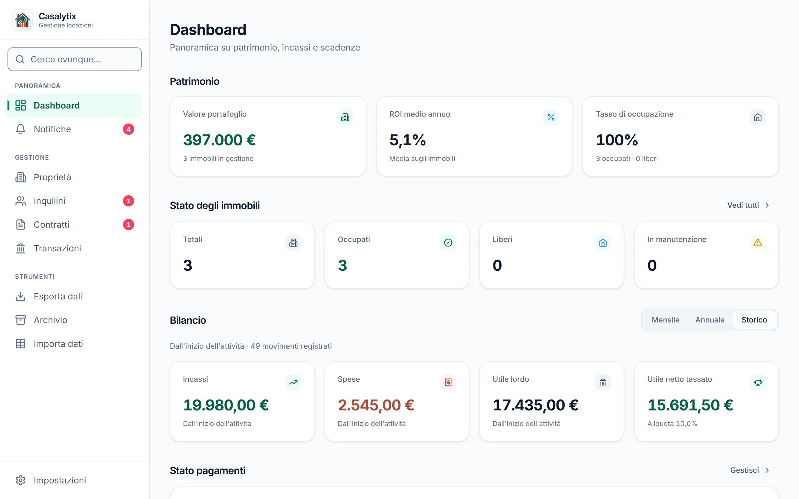 La dashboard con il tema chiaro