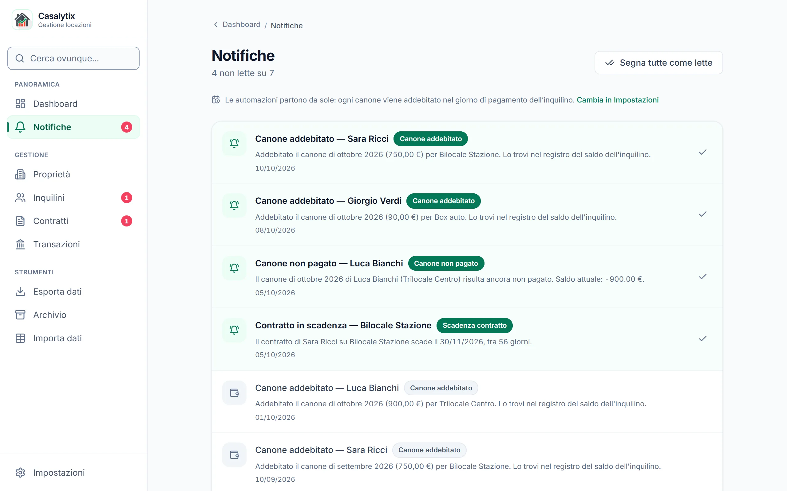 Le notifiche: canoni addebitati, canone non pagato, contratto in scadenza